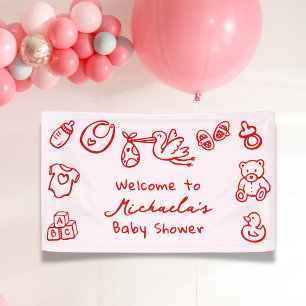 Pink & Red Hand Drawn Doodle Bow Girl Baby Shower Banner