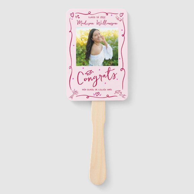 Pink Red Hand Drawn Doodle Graduation 2 Photo Fun Hand Fan (Front)