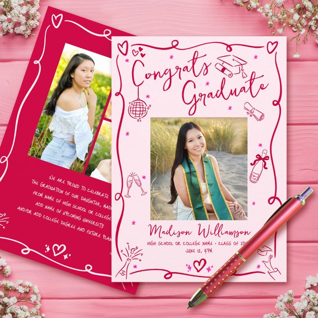 Pink Red Hand Drawn Doodles Graduation 4 Photo Fun Announcement (Creator Uploaded)