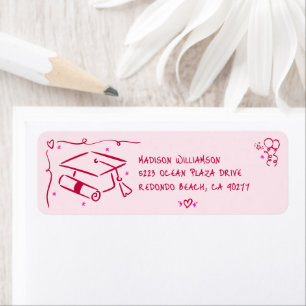 Pink Red Hand Drawn Doodles Graduation Cap Address