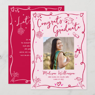 Pink Red Hand Drawn Doodles Graduation Photo Retro Announcement