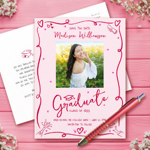 Pink Red Hand Drawn Doodles Graduation Photo Retro Invitation Postcard
