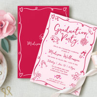 Pink Red Hand Drawn Doodles Graduation Retro Party