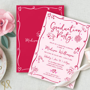 Pink Red Hand Drawn Doodles Graduation Retro Party Invitation