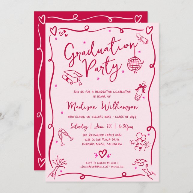 Pink Red Hand Drawn Doodles Graduation Retro Party Invitation (Front/Back)