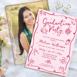 Pink Red Hand Drawn Doodles Photo Graduate Party Invitation