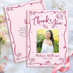 Pink Red Hand Drawn Doodles Photo Graduation Retro Thank You Card
