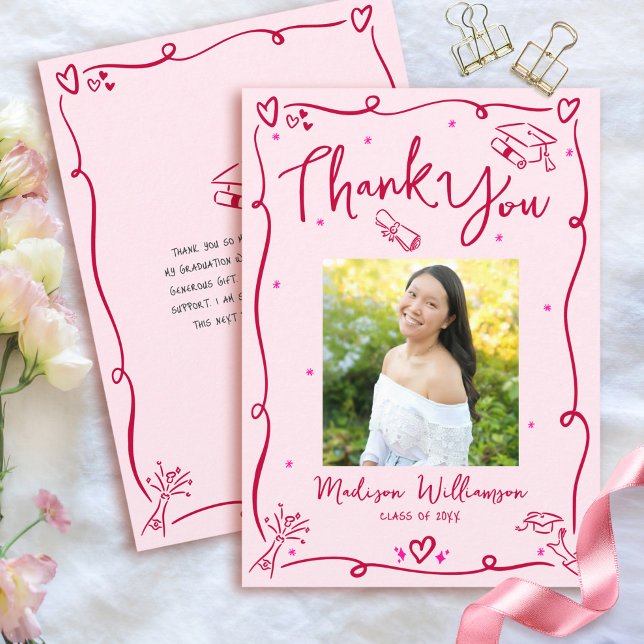 Pink Red Hand Drawn Doodles Photo Graduation Retro Thank You Card (Creator Uploaded)