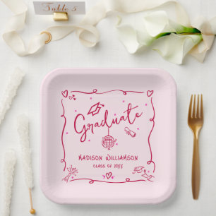 Pink Red Hand Drawn Doodles Style Graduation Retro Paper Plate