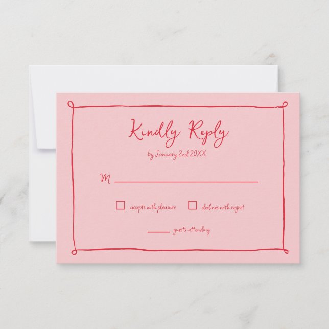 Pink-Red Hand-Drawn Frame Wedding RSVP Response (Front)