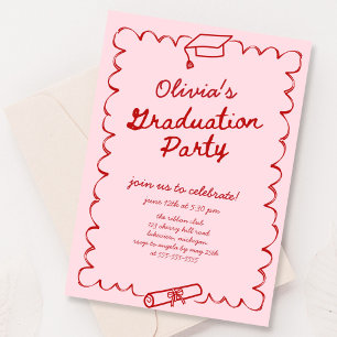 Pink Red Hand drawn Graduation Party Invitation