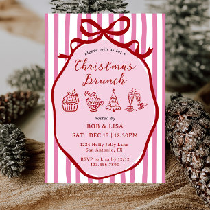 Pink & Red Hand Drawn Stripes Bow Christmas Brunch Invitation