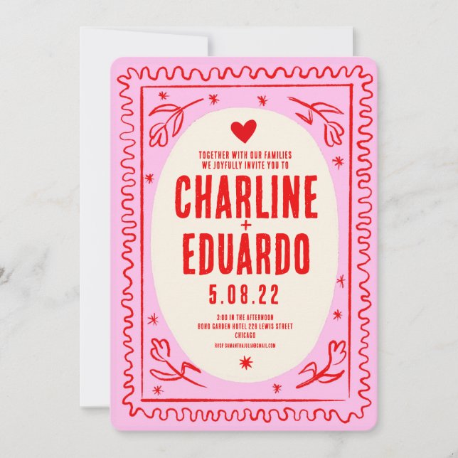 Pink Red Hand Drawn Wavy Retro Wedding  Invitation (Front)