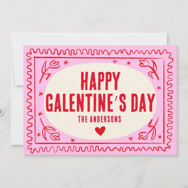Pink Red Hand Print Retro Happy Galentine’s Day  Holiday Card (Front)