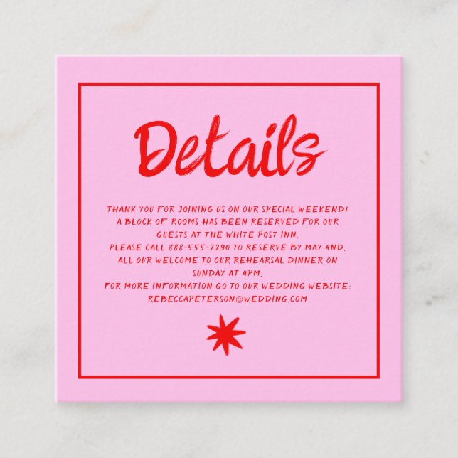 Pink & Red Handwriting Retro Wedding Details Enclosure Card (Front)
