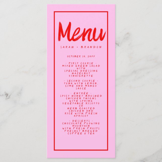 Pink Red Handwriting Typography Retro Wedding Menu (Front)