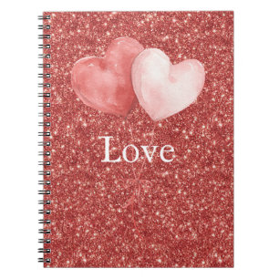Pink Red Heart Balloons Glitter Notebook