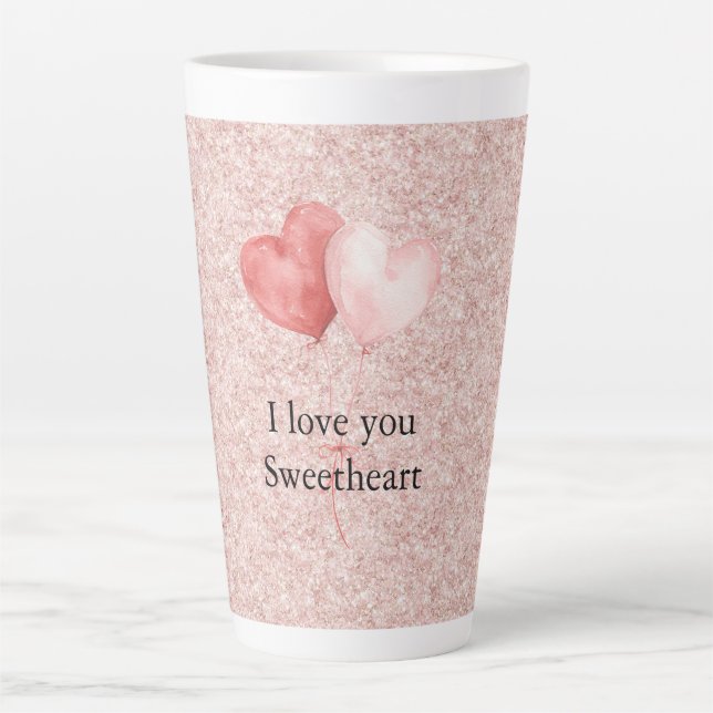 Pink Red Heart Balloons Glitter Sweetheart Latte Mug (Front)