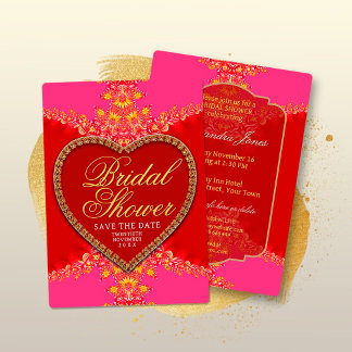 Pink Red Heart Gold Lace Girls Party Bridal Shower Invitation