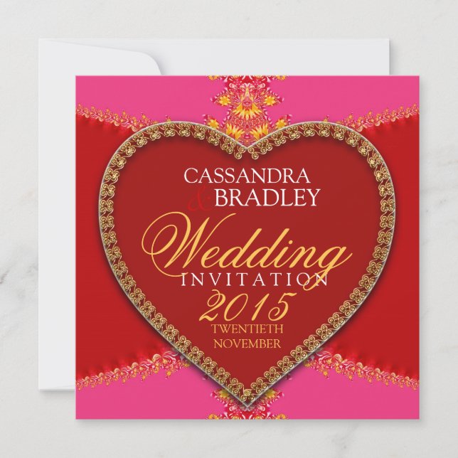 Pink Red Heart Gold Lace Wedding Invitations (Front)