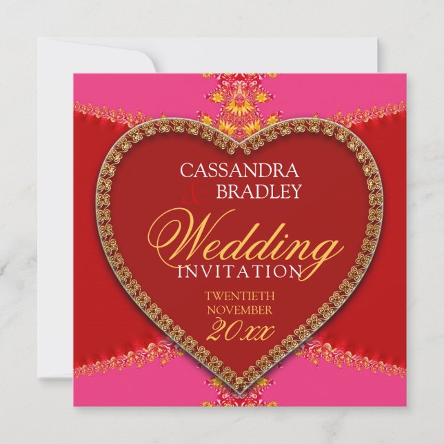 Pink Red Heart Gold Lace Wedding Invitations (Front)