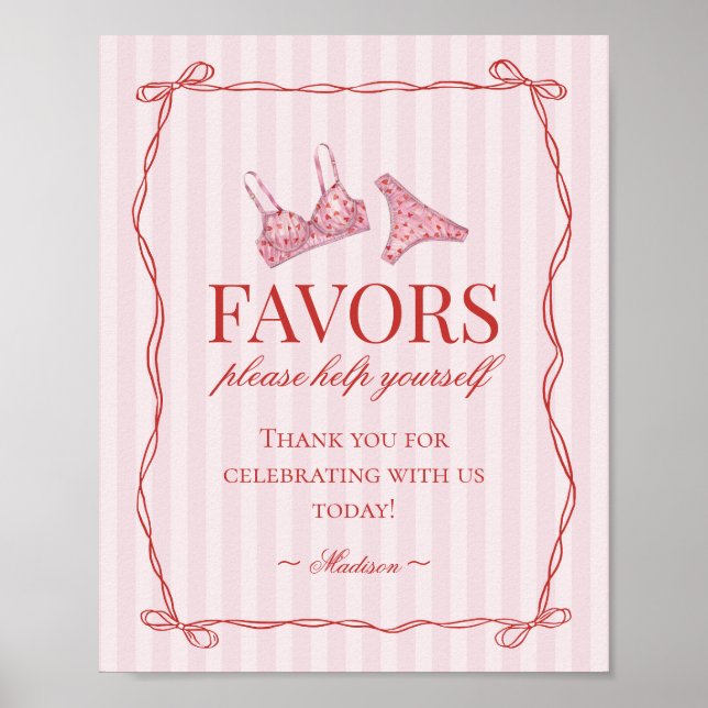 Pink & Red Heart Lingerie Bachelorette Party Favou Poster (Front)