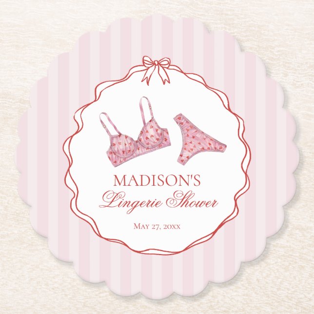 Pink & Red Heart Lingerie Shower Panty Party Paper Coaster (Front)