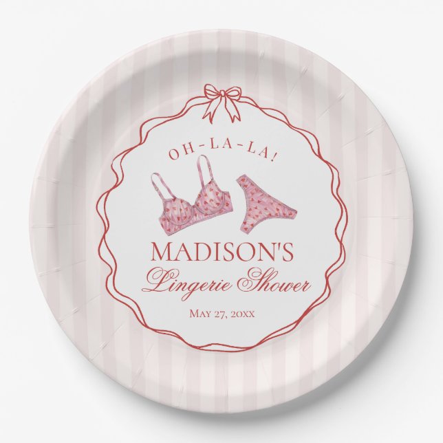 Pink & Red Heart Lingerie Shower Panty Party Paper Plate (Front)