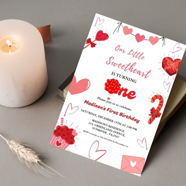 Pink & Red Heart Valentine First Birthday Invitation (Creator Uploaded)