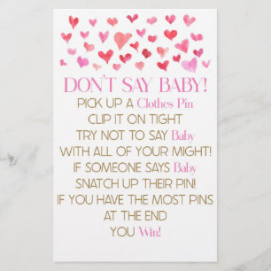 Pink Red Hearts Don't Say Baby Shower Game Stationery