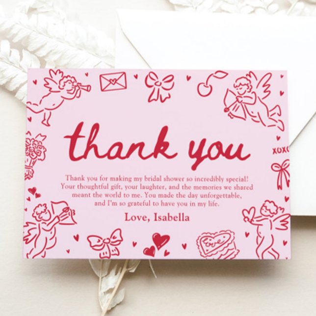 Pink Red Hearts Hand Drawn Valentine Bridal Shower Thank You Card (Hand Drawn Valentine Bridal Shower Thank You Card)