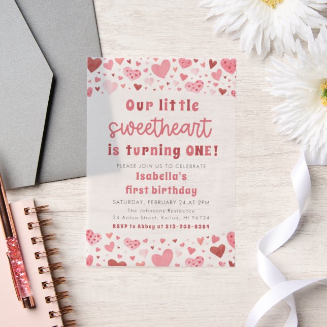 Pink Red Hearts Little Sweetheart First Birthday Vellum Invitations (Wedding)