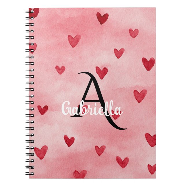 Pink Red Hearts Monogram Name Notebook (Front)