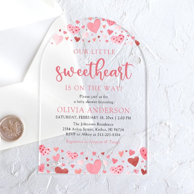 Pink Red Hearts Our Little Sweetheart Baby Shower Acrylic Invitations (Creator Uploaded)