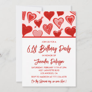 Pink Red Hearts Pattern Simple 61st birthday  Invitation