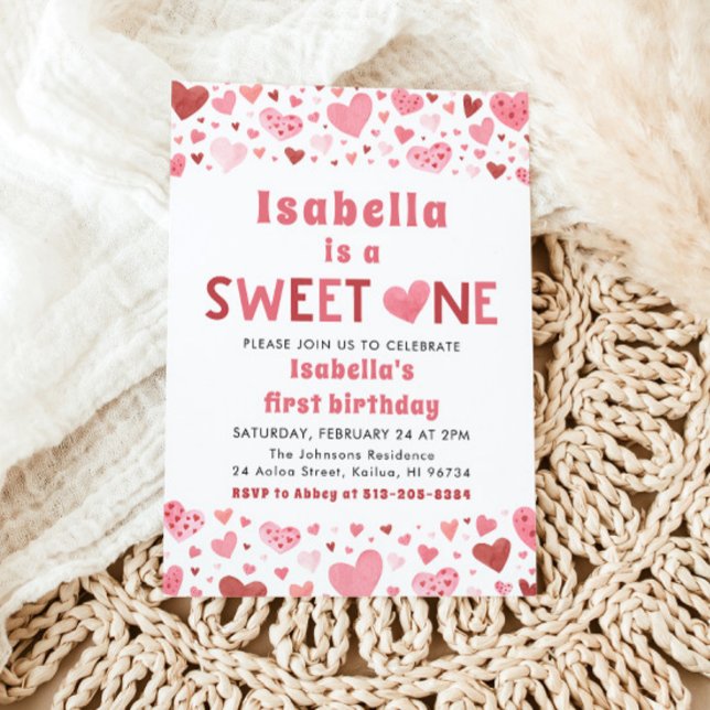 Pink Red Hearts Sweet One Valentine First Birthday Invitation (Creator Uploaded)