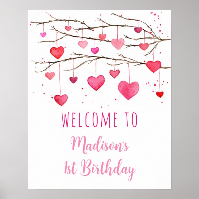 Pink Red Hearts Sweetheart Birthday Welcome Poster (Front)