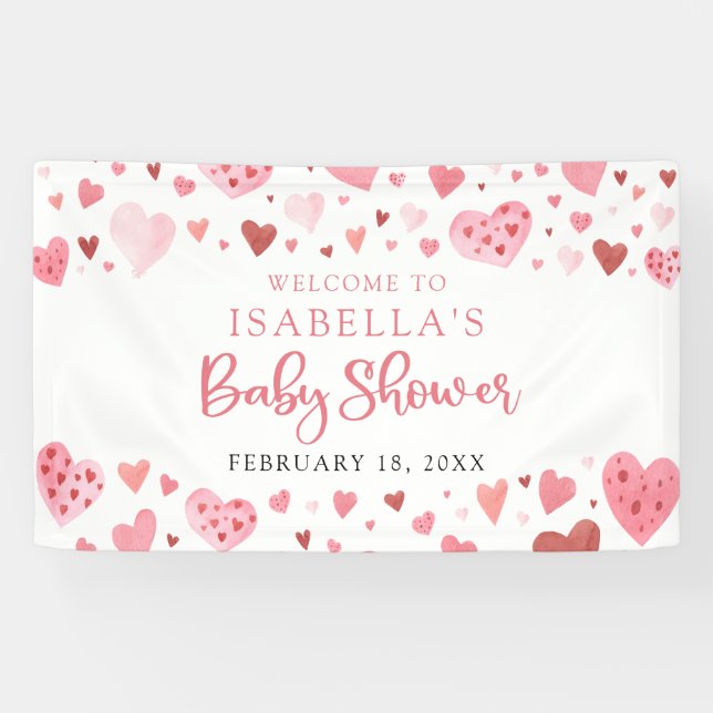Pink Red Hearts Valentine Sweetheart Baby Shower Banner (Horizontal)