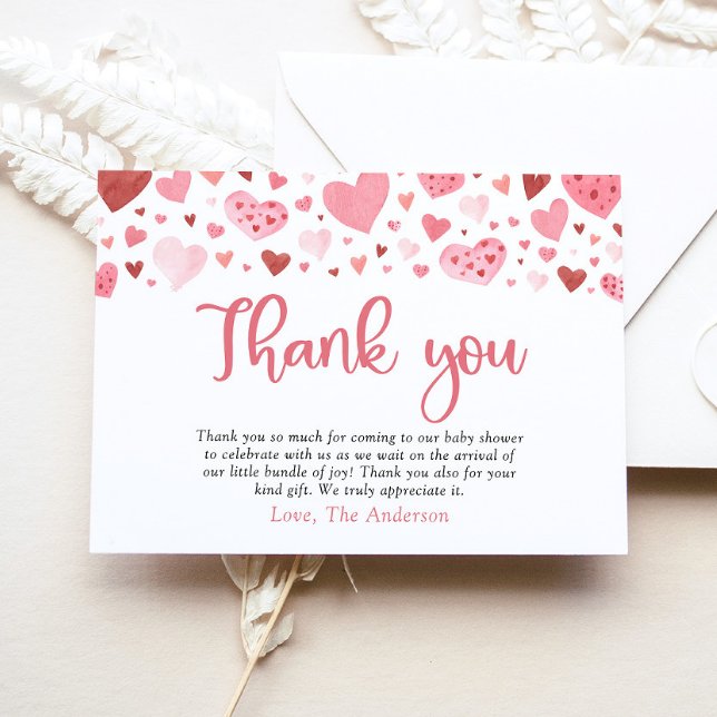 Pink Red Hearts Valentine Sweetheart Baby Shower Thank You Card (Creator Uploaded)
