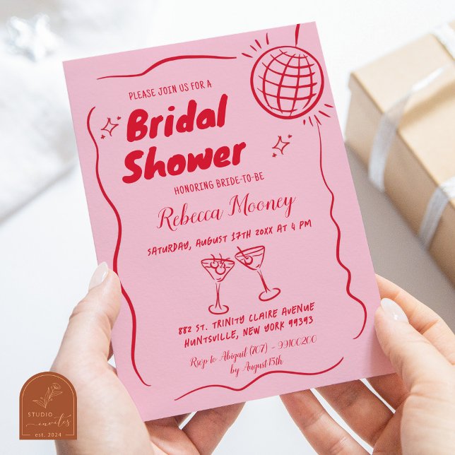 Pink Red Illustrated Retro Vintage Bridal Shower Invitation (Creator Uploaded)