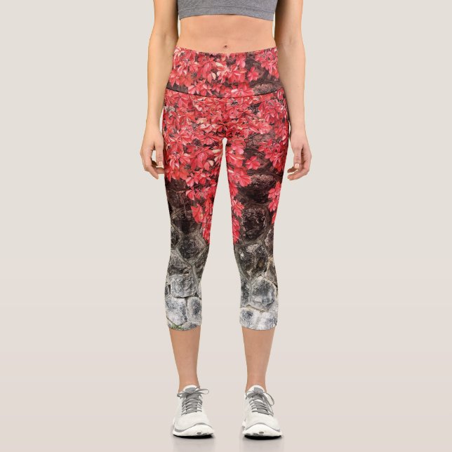 Pink red ivy leaves autumn stone wall capri leggings (Front)
