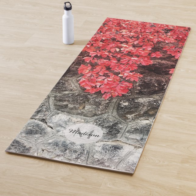 Pink red ivy leaves autumn stone wall Monogram Yoga Mat (In Situ)