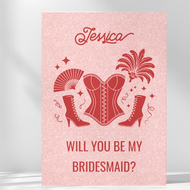 Pink + Red Las Vegas Showgirl Bridesmaid Proposal Card (Creator Uploaded)