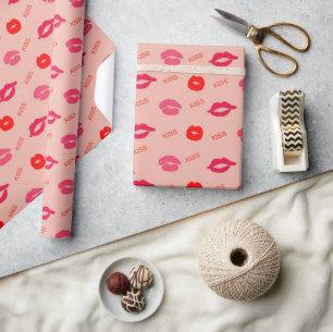 Pink Red Lip Kisses Valentine's Day Wrapping Paper