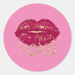 Pink Red Lips Kiss Gold Glitter XOXO Classic Round Sticker