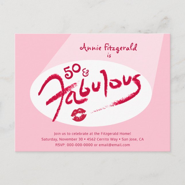 Pink Red Lipstick 50 and Fabulous Birthday Party Invitation Postcard (Front)
