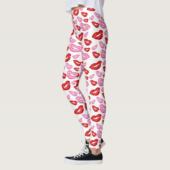Pink Red Lipstick Print Leggings (Left)