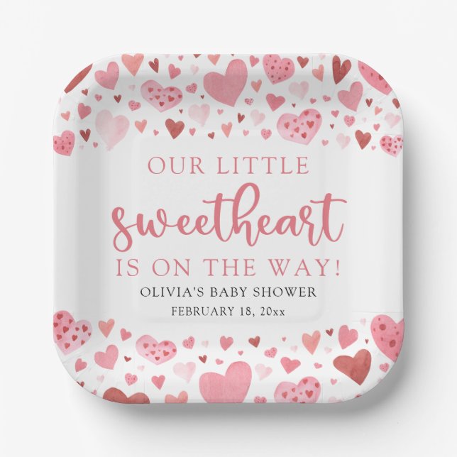 Pink Red Little Sweetheart Valentine Baby Shower Paper Plate (Front)