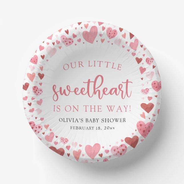 Pink Red Little Sweetheart Valentine Baby Shower Paper Plate (Front)