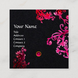 PINK RED MAGIC BERRIES GEMSTONE MONOGRAM Black Square Business Card